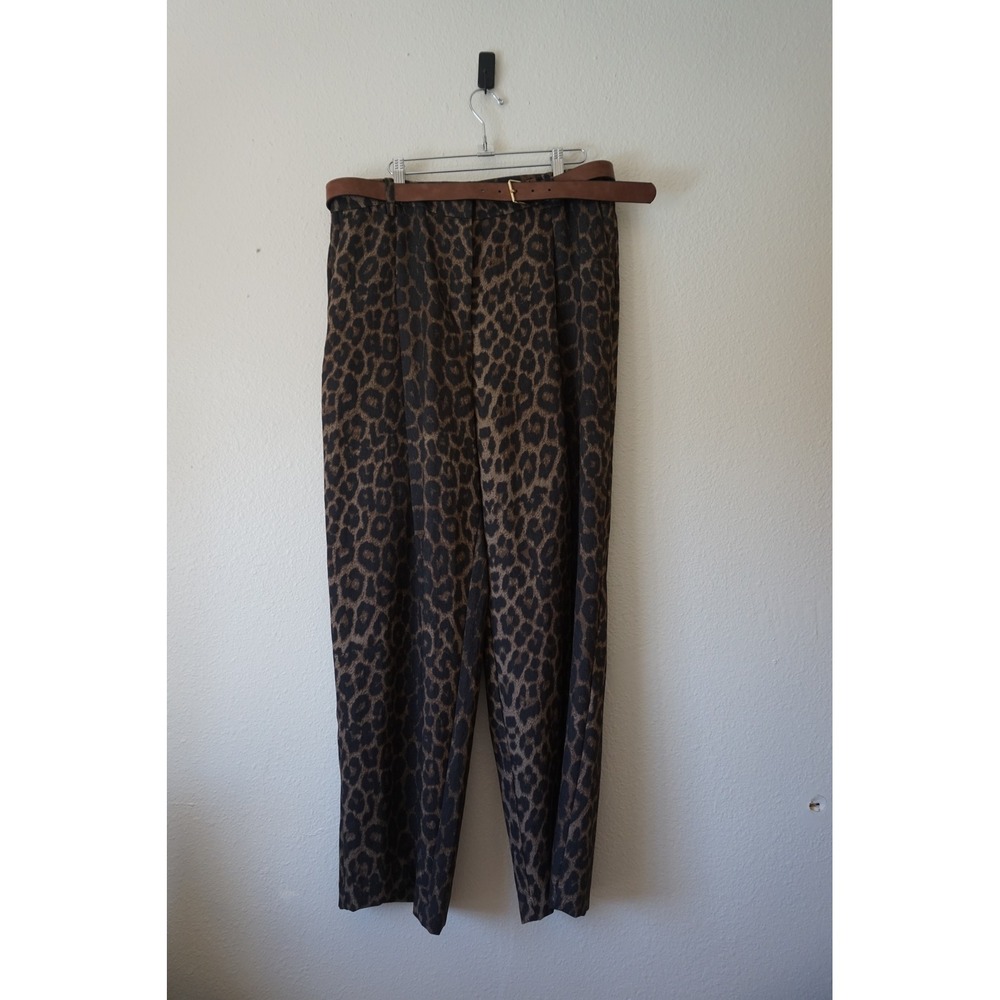 H&M Leopard Print High Waisted Wide Leg Trousers w/Brown Belt Tailored Size 14